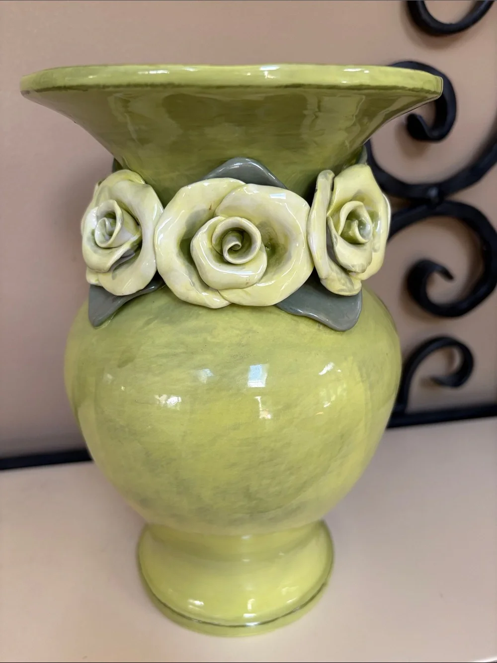 Vintage Glossy Lime Green Ceramic Rose Garland Vase